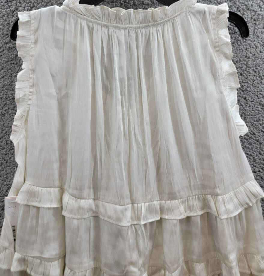 AQUA Satin Ruffled Tank Top Women's L Ivory Solid V-Neck Sleeveless Pullover