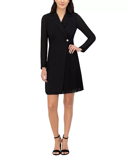 Vince Camuto Signature-Stretch Pleated-Chiffon Dress Women's 2 Black Zip Closure