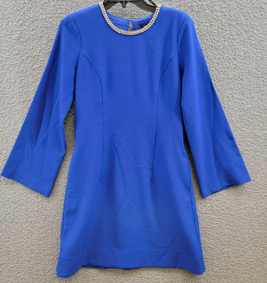 Tahari ASL Rhinestone Trim Shift Dress Women's 4 Cobalt Long Sleeve Zip/Button