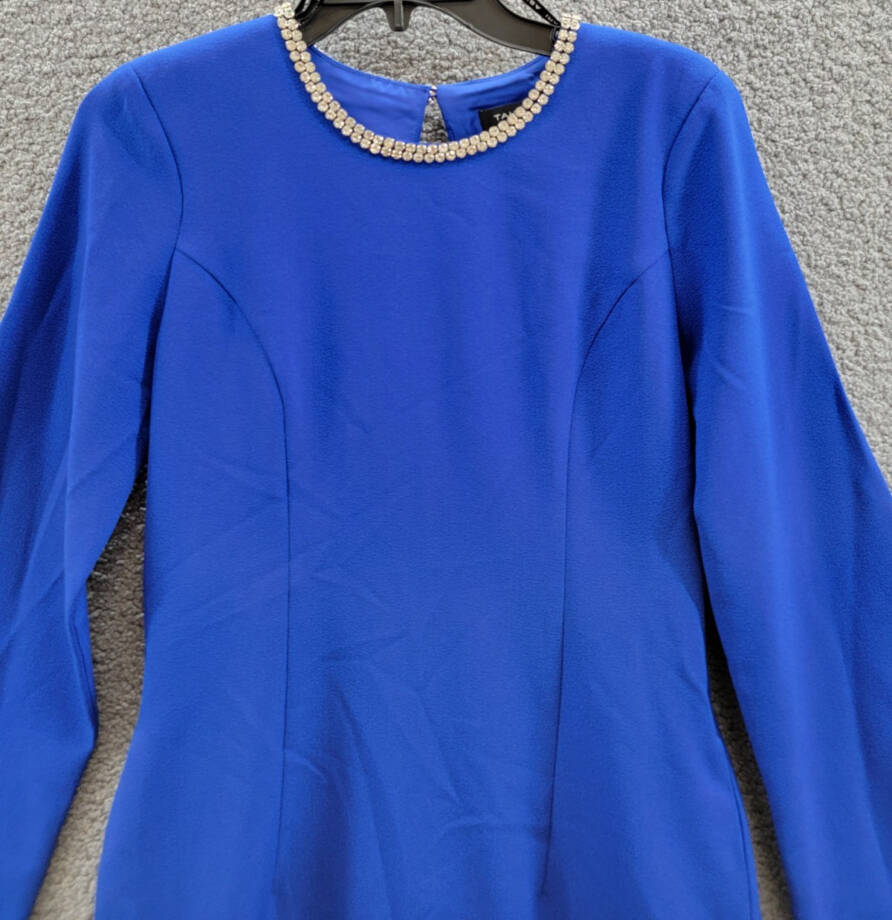 Tahari ASL Rhinestone Trim Shift Dress Women's 4 Cobalt Long Sleeve Zip/Button