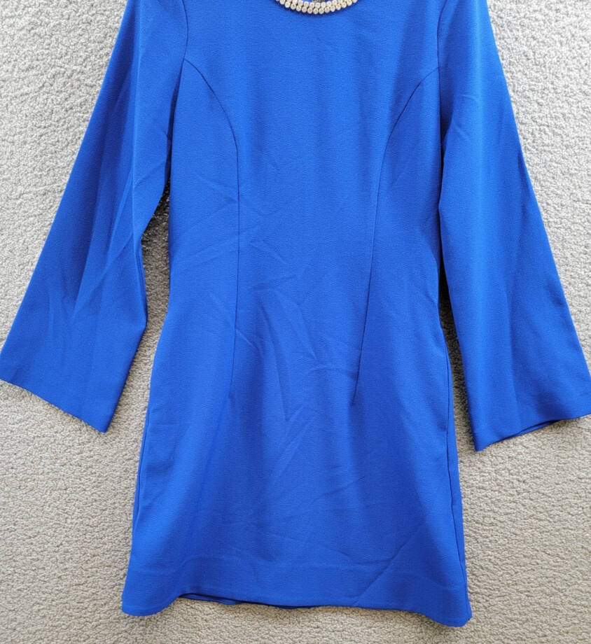 Tahari ASL Rhinestone Trim Shift Dress Women's 4 Cobalt Long Sleeve Zip/Button