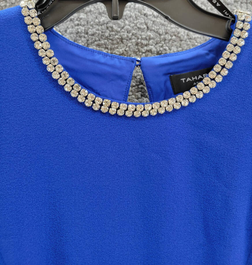 Tahari ASL Rhinestone Trim Shift Dress Women's 4 Cobalt Long Sleeve Zip/Button