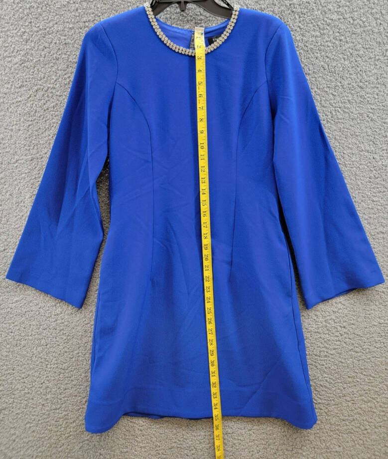 Tahari ASL Rhinestone Trim Shift Dress Women's 4 Cobalt Long Sleeve Zip/Button