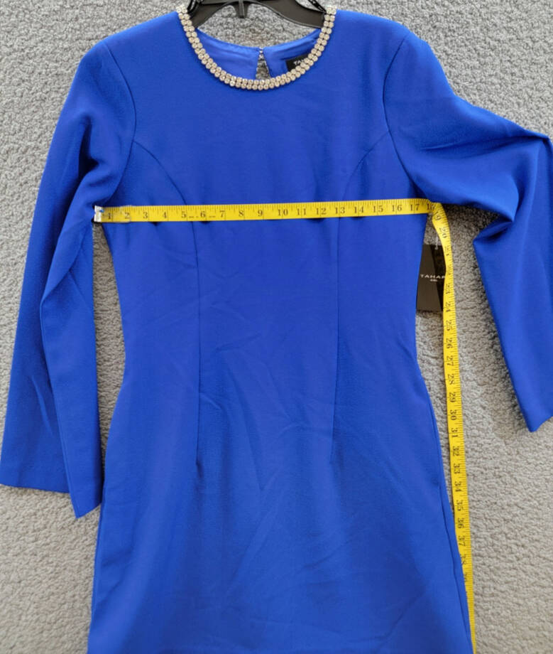 Tahari ASL Rhinestone Trim Shift Dress Women's 4 Cobalt Long Sleeve Zip/Button