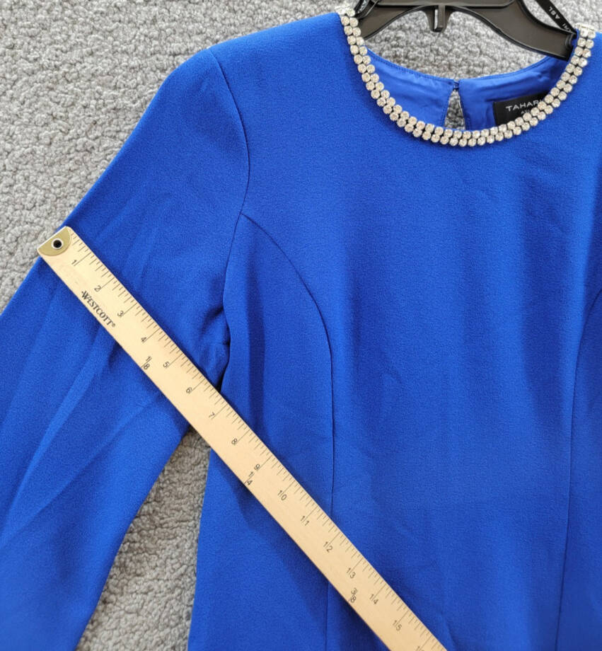 Tahari ASL Rhinestone Trim Shift Dress Women's 4 Cobalt Long Sleeve Zip/Button