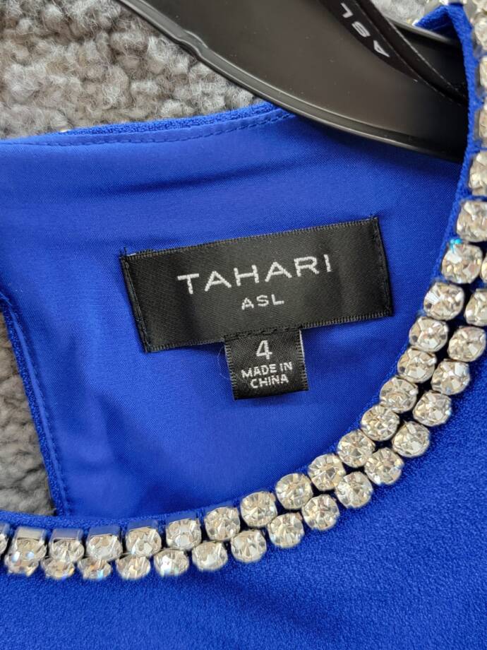 Tahari ASL Rhinestone Trim Shift Dress Women's 4 Cobalt Long Sleeve Zip/Button