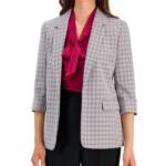 Kasper Houndstooth Open-Front Jacket Women's XL Cerise Multi Notch 3/4 sleeve