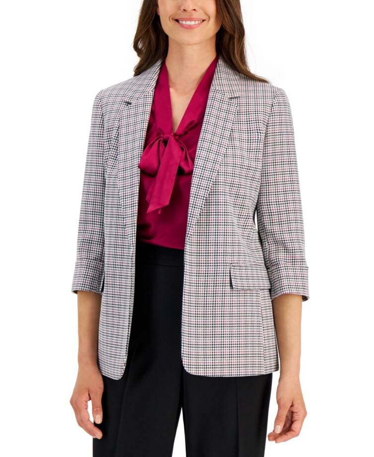 Kasper Houndstooth Open-Front Jacket Women's XL Cerise Multi Notch 3/4 sleeve