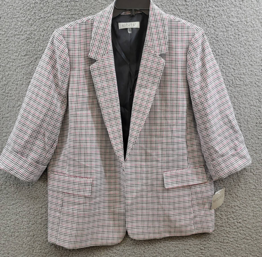 Kasper Houndstooth Open-Front Jacket Women's XL Cerise Multi Notch 3/4 sleeve
