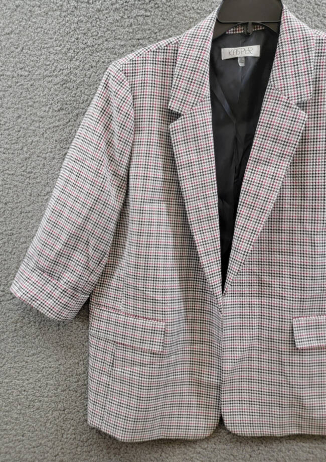 Kasper Houndstooth Open-Front Jacket Women's XL Cerise Multi Notch 3/4 sleeve