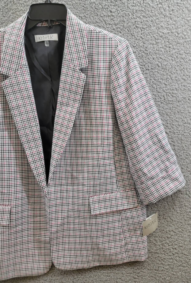 Kasper Houndstooth Open-Front Jacket Women's XL Cerise Multi Notch 3/4 sleeve