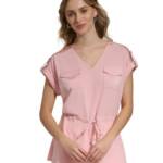 Calvin Klein Short-Sleeve Drawstring Top Women's XL Silver Pink V-Neck Pullover