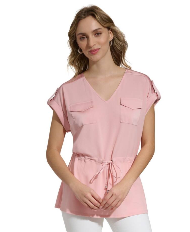 Calvin Klein Short-Sleeve Drawstring Top Women's XL Silver Pink V-Neck Pullover