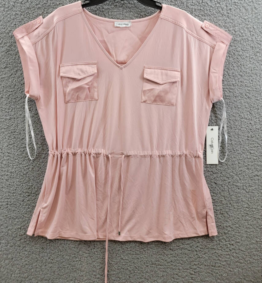Calvin Klein Short-Sleeve Drawstring Top Women's XL Silver Pink V-Neck Pullover