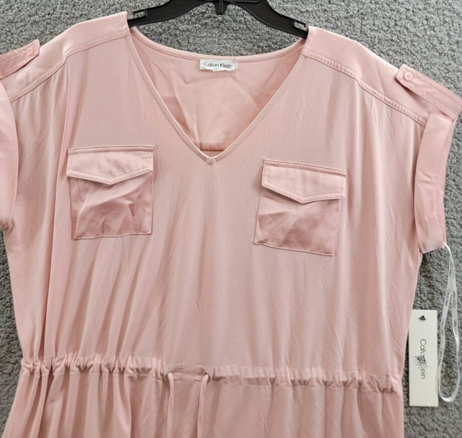 Calvin Klein Short-Sleeve Drawstring Top Women's XL Silver Pink V-Neck Pullover