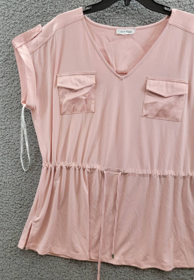 Calvin Klein Short-Sleeve Drawstring Top Women's XL Silver Pink V-Neck Pullover