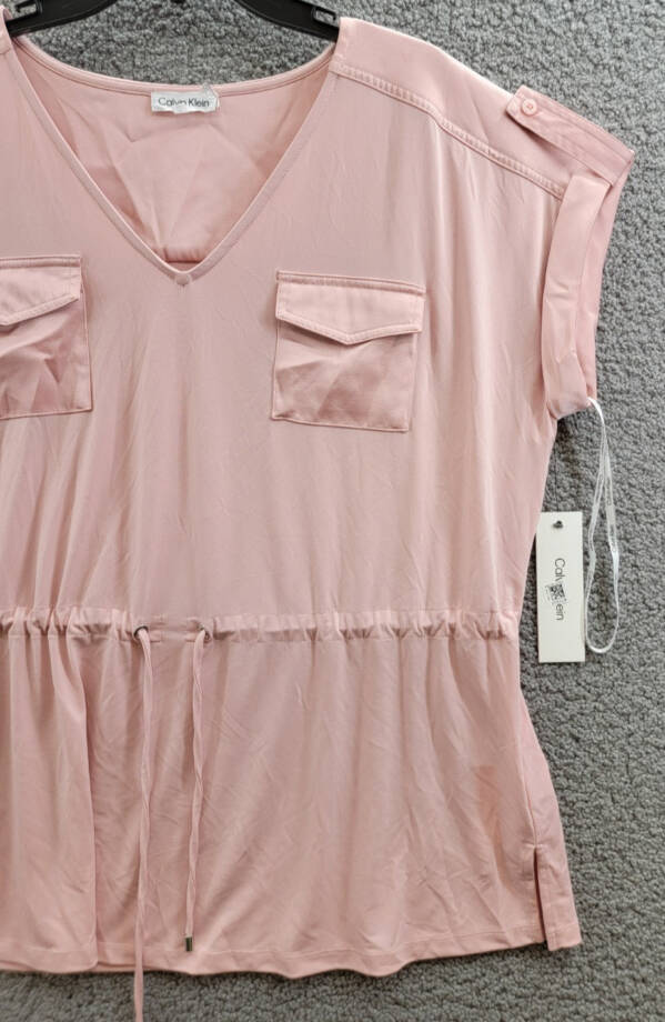 Calvin Klein Short-Sleeve Drawstring Top Women's XL Silver Pink V-Neck Pullover
