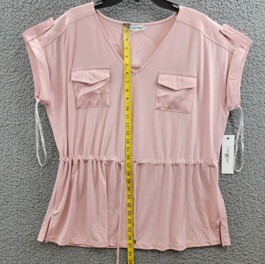 Calvin Klein Short-Sleeve Drawstring Top Women's XL Silver Pink V-Neck Pullover