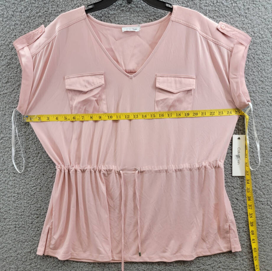 Calvin Klein Short-Sleeve Drawstring Top Women's XL Silver Pink V-Neck Pullover