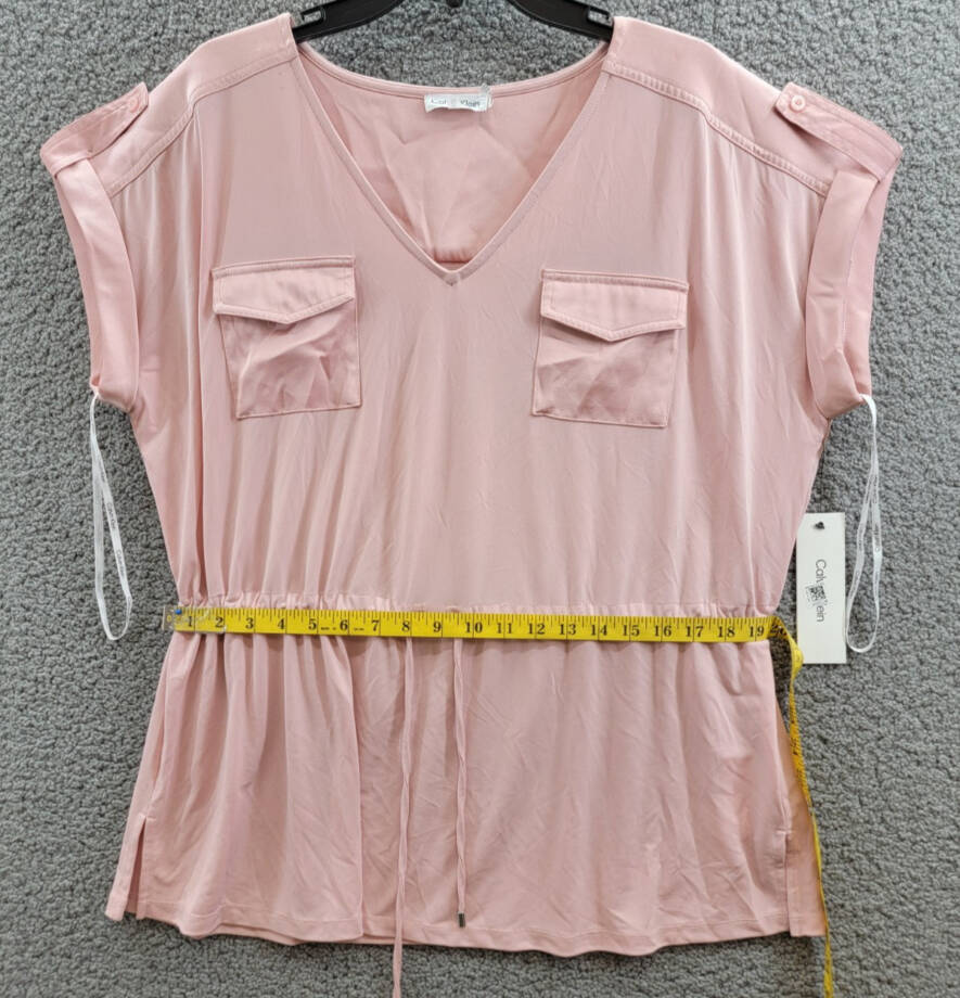 Calvin Klein Short-Sleeve Drawstring Top Women's XL Silver Pink V-Neck Pullover
