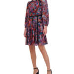 Vince Camuto Metallic Chiffon Fit & Flare Dress Women's 10 Red Multi Zip Closure