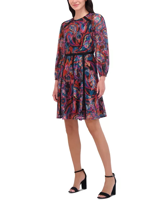 Vince Camuto Metallic Chiffon Fit & Flare Dress Women's 10 Red Multi Zip Closure