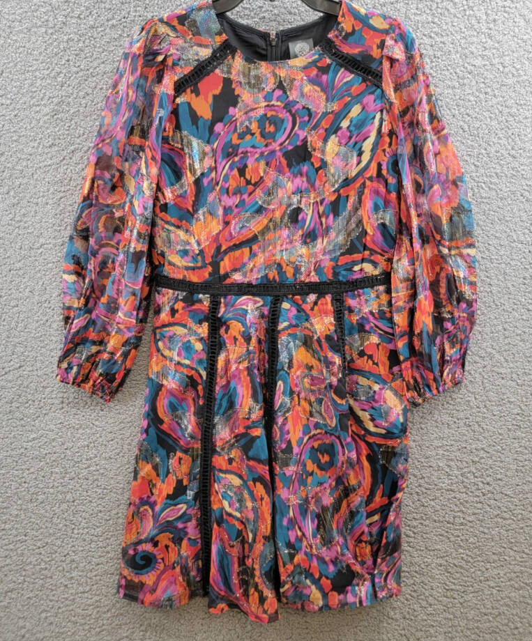 Vince Camuto Metallic Chiffon Fit & Flare Dress Women's 10 Red Multi Zip Closure