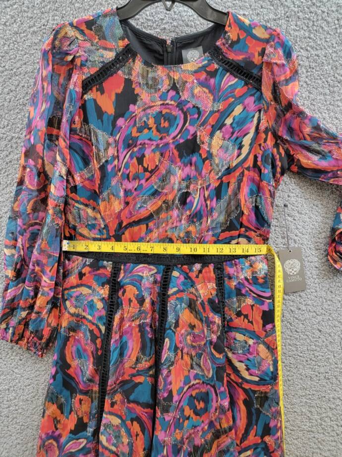 Vince Camuto Metallic Chiffon Fit & Flare Dress Women's 10 Red Multi Zip Closure