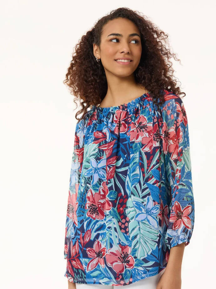 Jones New York Smocked-Neck Floral-Print Top Women's XS Multicolor Pullover