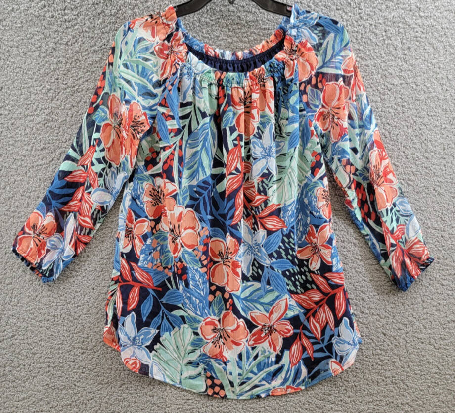 Jones New York Smocked-Neck Floral-Print Top Women's XS Multicolor Pullover
