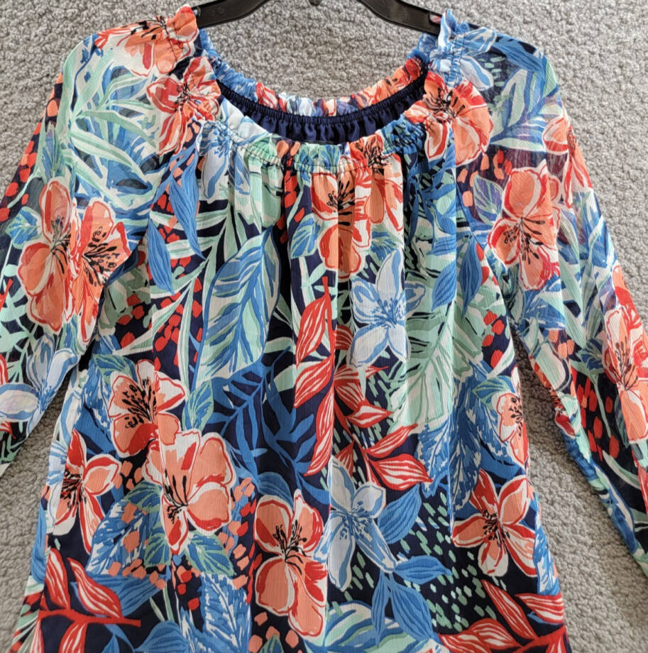 Jones New York Smocked-Neck Floral-Print Top Women's XS Multicolor Pullover