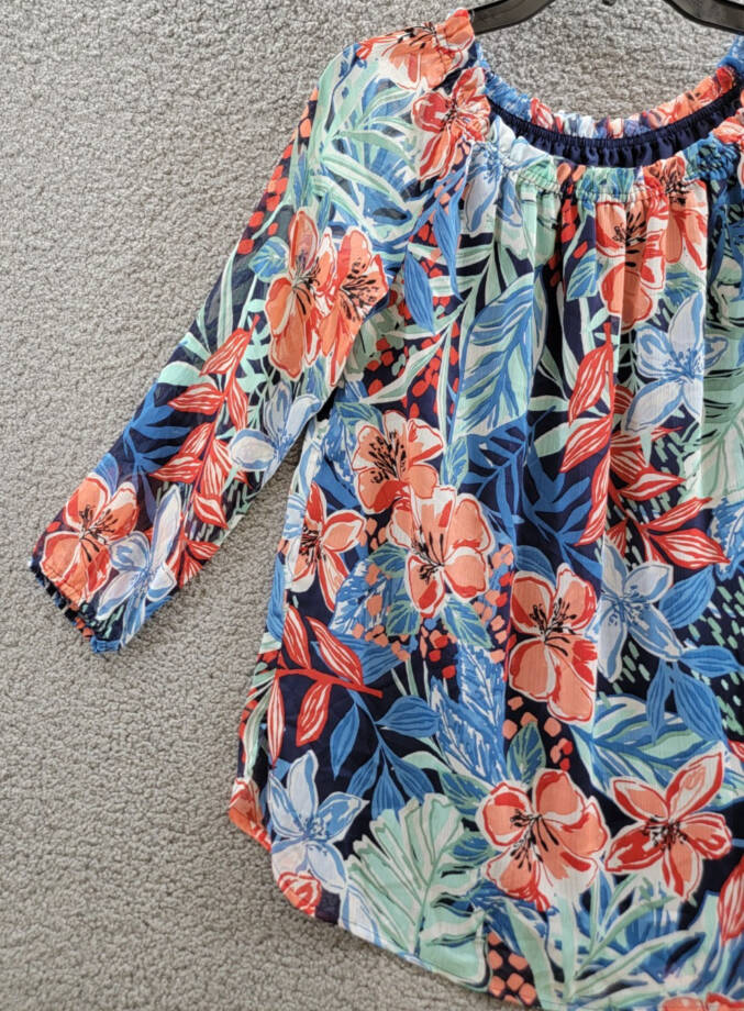 Jones New York Smocked-Neck Floral-Print Top Women's XS Multicolor Pullover