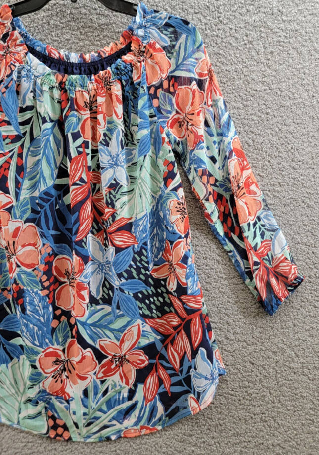 Jones New York Smocked-Neck Floral-Print Top Women's XS Multicolor Pullover