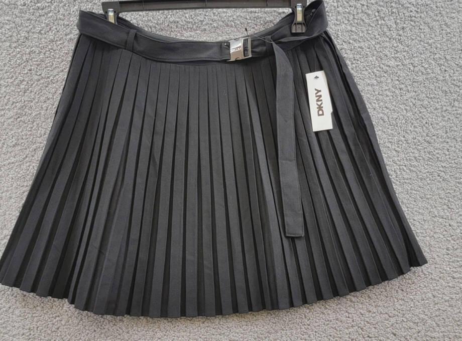 DKNY Pleated Logo-Clasp Flared Mini Skirt Women's 12 Black Solid Side Zip