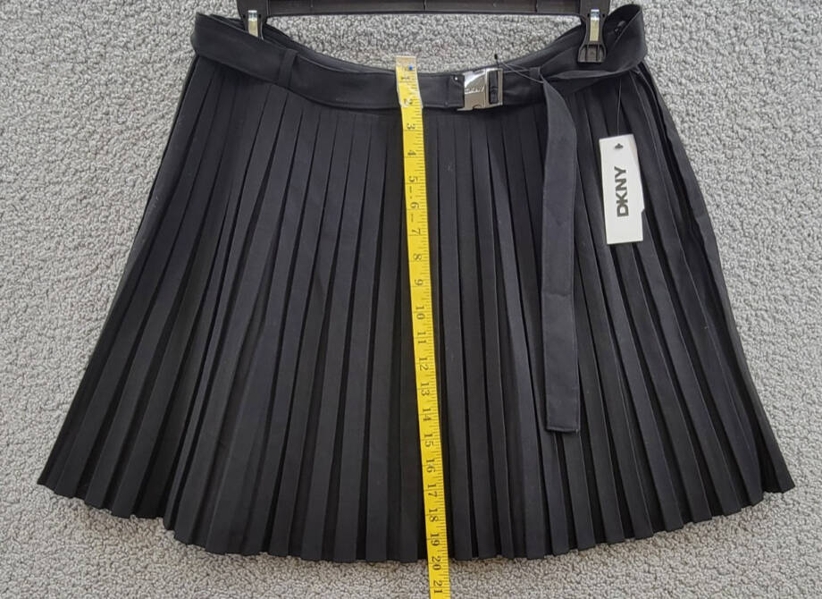 DKNY Pleated Logo-Clasp Flared Mini Skirt Women's 12 Black Solid Side Zip