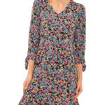 CeCe Tie Sleeve V-Neck Dress Women's S Rich Black Multi Printed Pullover