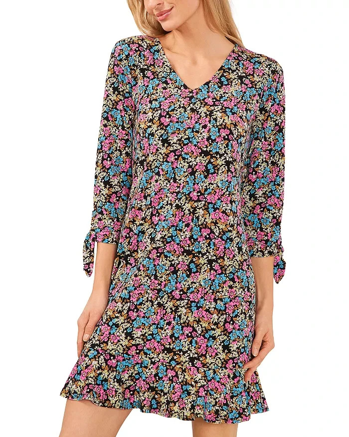 CeCe Tie Sleeve V-Neck Dress Women's S Rich Black Multi Printed Pullover