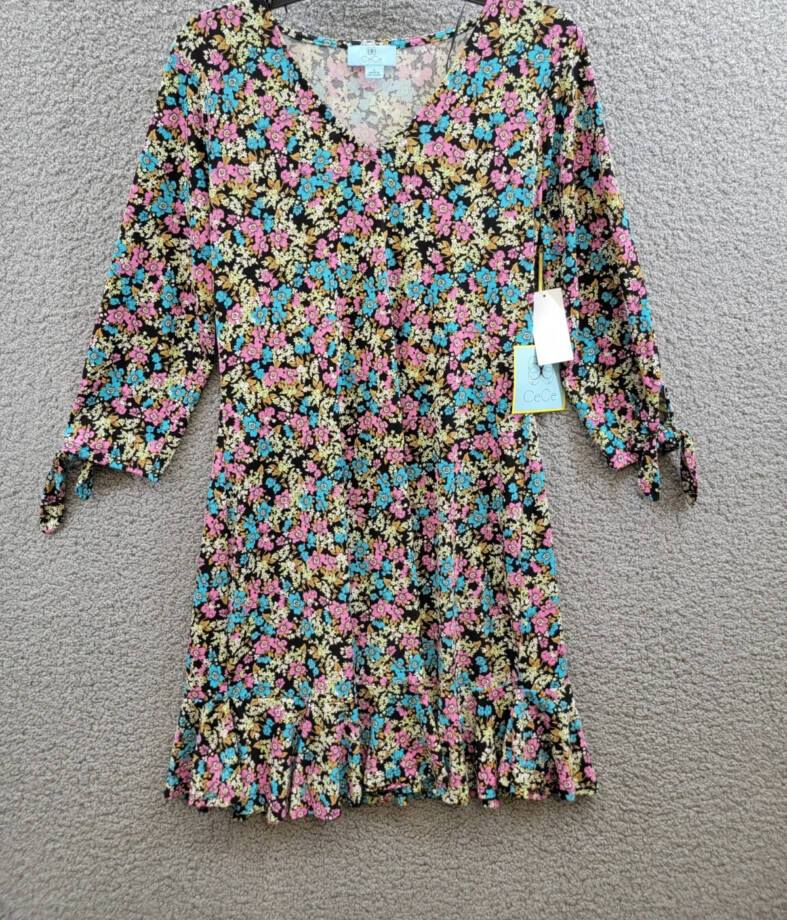 CeCe Tie Sleeve V-Neck Dress Women's S Rich Black Multi Printed Pullover