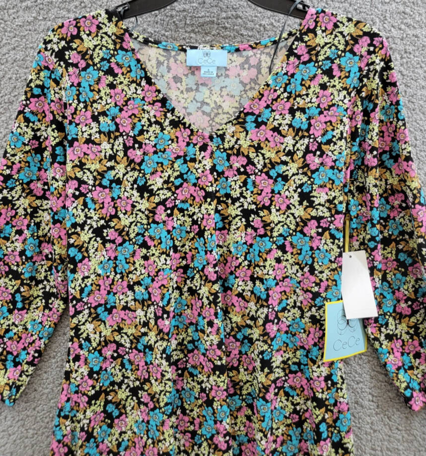 CeCe Tie Sleeve V-Neck Dress Women's S Rich Black Multi Printed Pullover