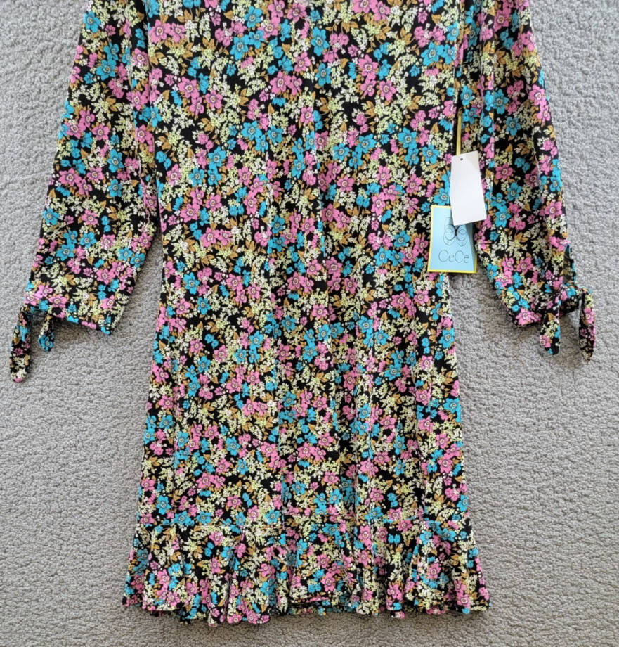 CeCe Tie Sleeve V-Neck Dress Women's S Rich Black Multi Printed Pullover