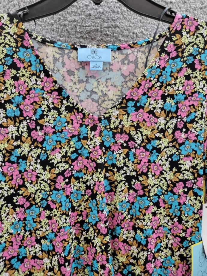CeCe Tie Sleeve V-Neck Dress Women's S Rich Black Multi Printed Pullover