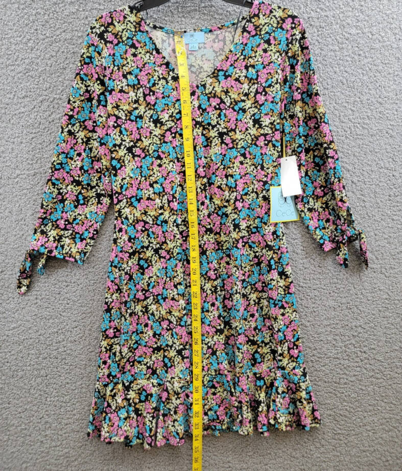 CeCe Tie Sleeve V-Neck Dress Women's S Rich Black Multi Printed Pullover