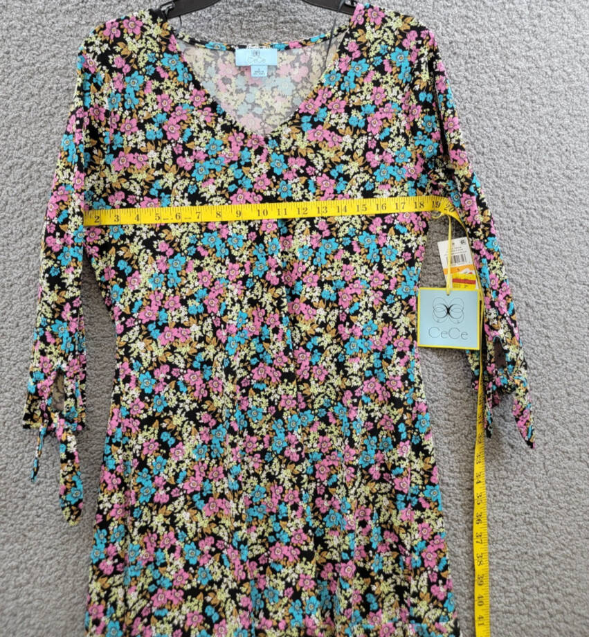 CeCe Tie Sleeve V-Neck Dress Women's S Rich Black Multi Printed Pullover