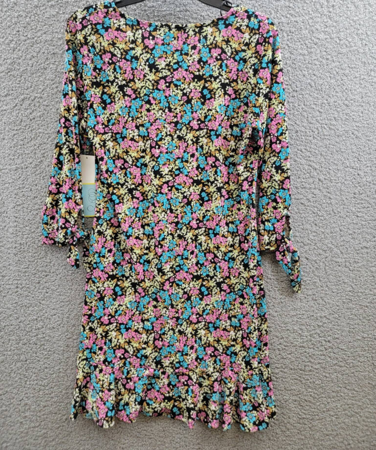 CeCe Tie Sleeve V-Neck Dress Women's S Rich Black Multi Printed Pullover
