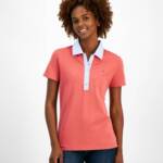 Tommy Hilfiger Striped-Collar Polo Shirt Women's M Light Red Multi Short Sleeve