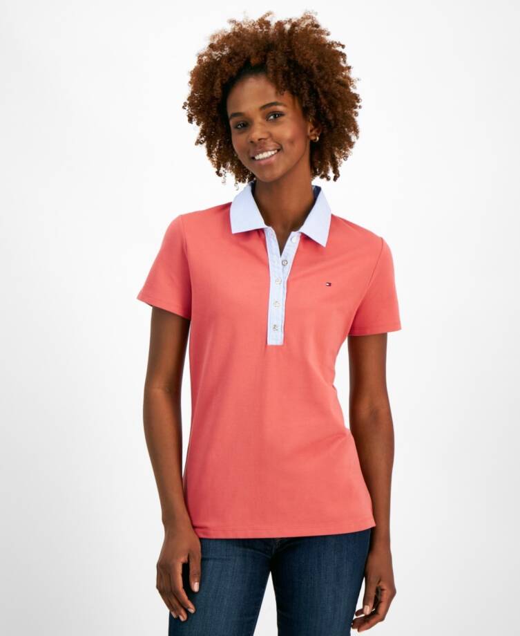 Tommy Hilfiger Striped-Collar Polo Shirt Women's M Light Red Multi Short Sleeve