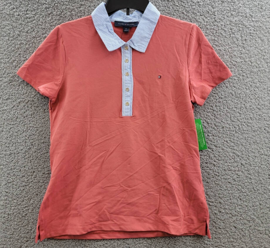 Tommy Hilfiger Striped-Collar Polo Shirt Women's M Light Red Multi Short Sleeve