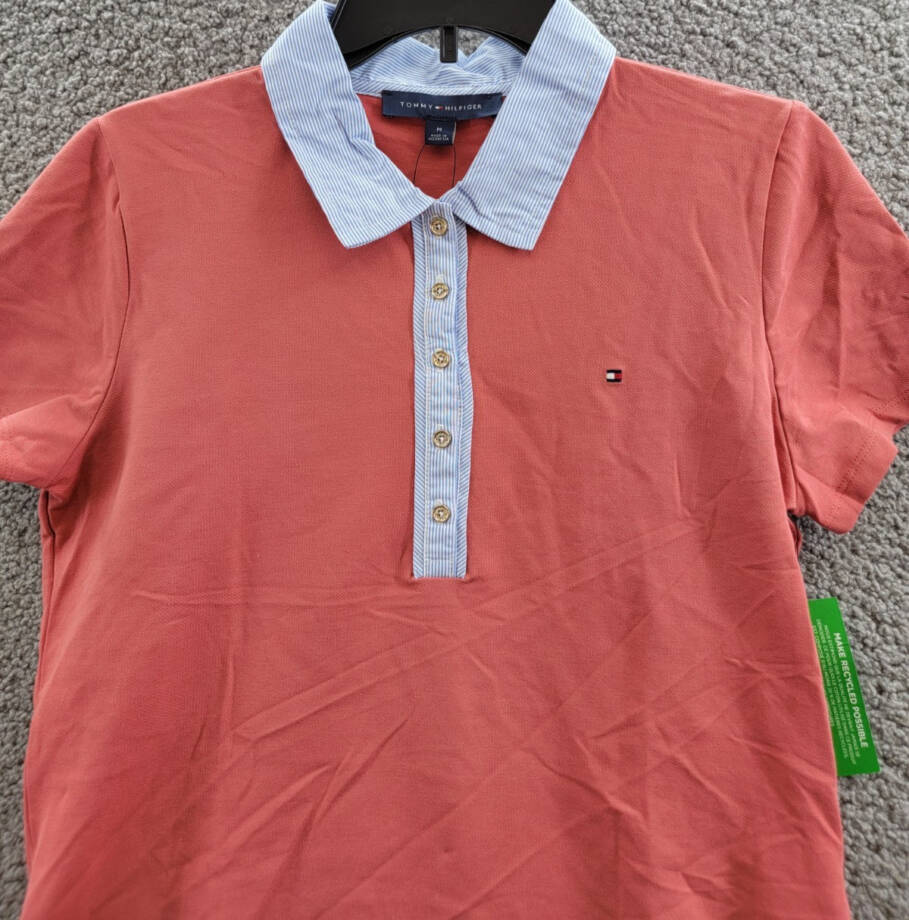Tommy Hilfiger Striped-Collar Polo Shirt Women's M Light Red Multi Short Sleeve