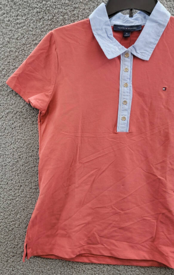 Tommy Hilfiger Striped-Collar Polo Shirt Women's M Light Red Multi Short Sleeve