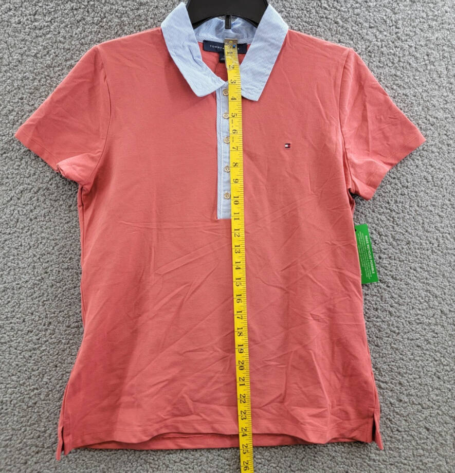 Tommy Hilfiger Striped-Collar Polo Shirt Women's M Light Red Multi Short Sleeve